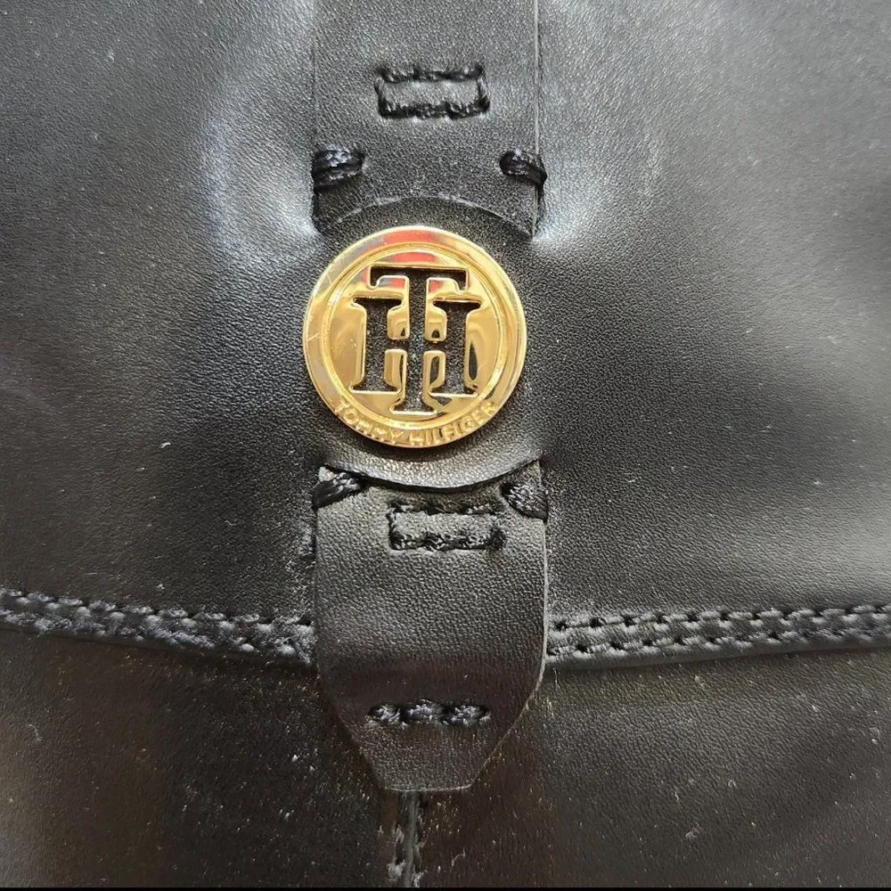 Tommy Hilfiger Faux Leather Mid-Calf Boots Black Goldtone Logo Size 7.5